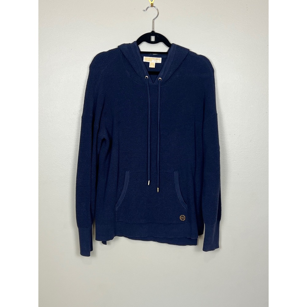 Michael Michael Kors Navy Blue Waffle Knit Hoodie Gold Logo Pullover Large